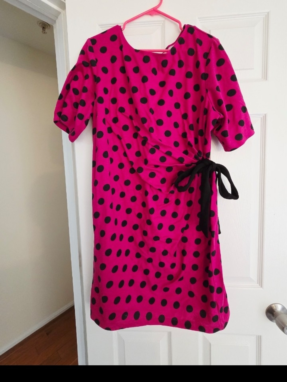 karin stevens Fuchsia Polka Dot Tie-Waist Midi Dress